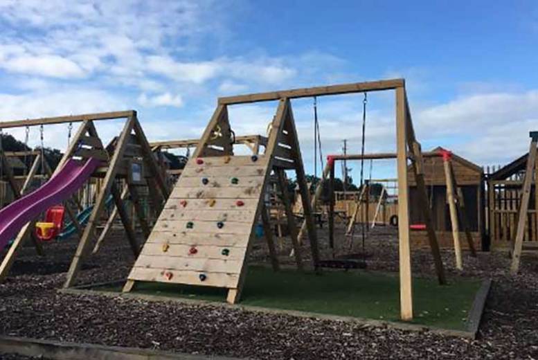 wooden climbing frame and swing